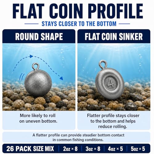 No Roll Disc Sinkers Fishing Weights, Coin Sinkers with Metal Eye, Flat Round Lead Weights for Catfish Rigs, Surf, Pier, Bottom, Saltwater & Freshwater Fishing - size: 26 Pcs / 4 Sizes