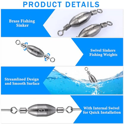 Seenelling 20 Pcs Brass Fishing Sinker Swivel Fishing Weights Saltwater Bullet Sinkers Drop Shot Weight Egg Sinkers with Swivel Rolling Removable Freshwater - size: 2/5 oz