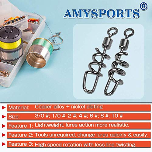 AMYSPORTS Fishing swivels Corkscrew snap swivels Fishing Tackle swivels Saltwater Freshwater Leader Lure jigs line Connector - size: Size6 (66lb) 50 pcs