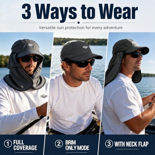 Palmyth Fishing Sun Hat with Detachable Neck Flap UPF 50+ Baseball Cap | Convertible Ventilation Panel, Sunglass Lock, Water Resistant, Foldable, Ventilation Holes, 3 Ways to Wear, Men & Women - color: Dark Grey