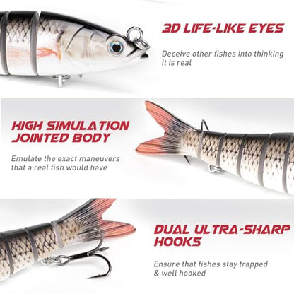 GOTOUR Jointed Swimbaits, Easy Catch Fishing Lures for Bass Trout Crappie | Wiggling Vibrating Rattling Gurgling for More Bites, Heavy-Duty Dyneema Fiber, Slow Sinking, Fresh & Saltwater Fishing Baits - color: A2-5.3"-0.9oz