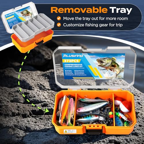 PLUSINNO Fishing Lures Tackle Box Gear Kit with Tackle Included, 373 PCS | Waterproof, Compact & Customizable, for Bass Trout, Freshwater Topwater, 16 Rigs, Fishing Gifts for Men Starter - color: Orange 373 PCS Lures Box