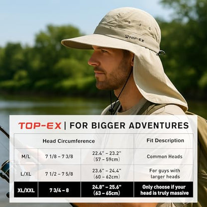 TOP-EX Cooling Sun Hat with Neck Flap – UPF 50+ Wide Brim Breathable Hat for Hiking, Fishing & Big Heads - color: Light Grey, size: Medium