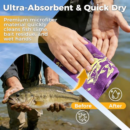 2PCS Fishing Towel, 25.5" X9.8", Microfiber | Built-in Ruler and Retractable Carabiner Clip, Premium Microfiber Towel , Bass Accessories, Fishing Gifts for Men Dad