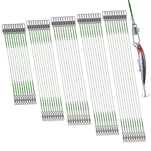 DONQL 50pcs Fishing Leaders, Stainless Steel Fish Line, 10/15/20/25/30cm Wire with Swivels Snaps Connect Fishing Gear and Equipment Tackle Kit, for Bait Lures Rigs Hooks - color: Green