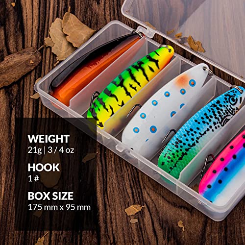 THKFISH 5pcs Saltwater Fishing Lures, Fishing Spoons with Durable Treble Hooks, Jigs Lure for Tuna Salmon Grouper, Sea Fish Jigging Lure, Trolling Spoon for Bass Fish with Tackle Box - color: A-3/4oz-5pcs