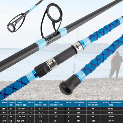 Surf Rod Saltwater 9ft- 4-Piece Carbon Fiber Surf Fishing Rods, Portable Travel Surf Spinning Rod with 20-40lb Power Green Blue - color: Blue, size: 12FT Surf Rod