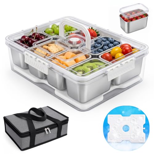 Homelove Snackle Box Container with Ice-Pack, Snack Container Divided Serving Tray with 8-Compartment Snack Platter, Lid and Handle, Food Organizer for Outdoor Travel Party Beach Picnic - color: C