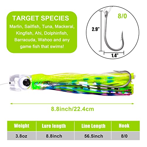 Saltwater Fishing Lures 6/9inch Trolling Lures for Marlin Mahi Tuna Dolphin Shark Big Game Deep Sea Fishing Baits Squid Skirts Rigged Hooks Ocean Gear Tackle - color: Green-1pcs, size: 9inch