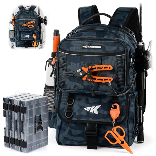 KastKing BaitSpace Fishing Tackle Backpack with Removable Bait Binder,2 Rod Holders Storage Fishing Gear and Equipment - color: C: Blue Camo, size: With (4) 3600 tackle boxes