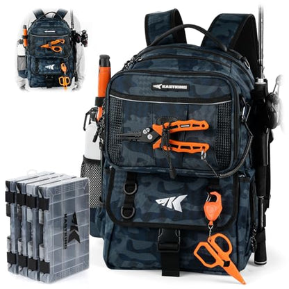KastKing BaitSpace Fishing Tackle Backpack with Removable Bait Binder,2 Rod Holders Storage Fishing Gear and Equipment - color: C: Blue Camo, size: With (4) 3600 tackle boxes