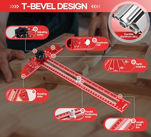 Saker Woodworking Scriber Marking Line Ruler, Adjustable Aluminum Alloy Sliding T-Square Ruler,Precision Line Drawing aid Ruler with Angle Adjustment Scale - color: Red