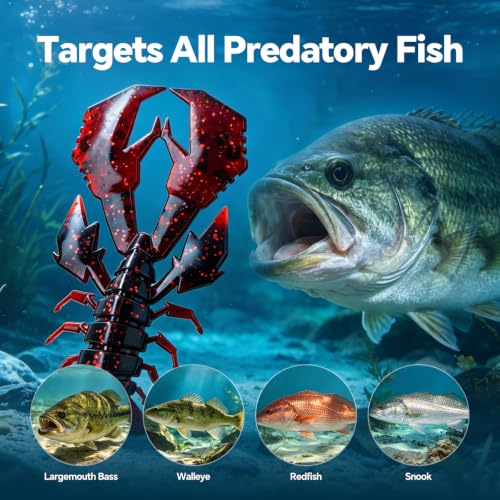 5.5" Battle Crawfish Soft Fishing Swim Baits with Rattles for Bass Fishing | Durable Crawdad Fishing Lures Kit for Bass Redfish Trout Crappie, Freshwater Saltwater Use, 3pcs Red Green Blue Color Pack