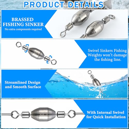 Seenelling 20 Pcs Brass Fishing Sinker Swivel Fishing Weights Saltwater Bullet Sinkers Drop Shot Weight Egg Sinkers with Swivel Rolling Removable Freshwater - size: 1/16oz