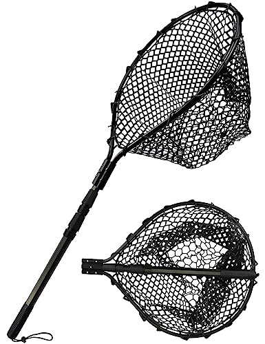 Hlotmeky Extra Long Fishing Net - 70" Telescoping Handle Large Rubber Landing Net for Kayak, Pier & Boat - Foldable Heavy Duty Saltwater Net - Catch & Release Snag-Free Mesh for Large Fish