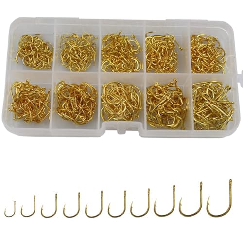 Small Fishing Hooks Set 10 Sizes 600pcs High Carbon Steel Fishing Hooks with a Plastic Box - color: 600pcs Gold Hook
