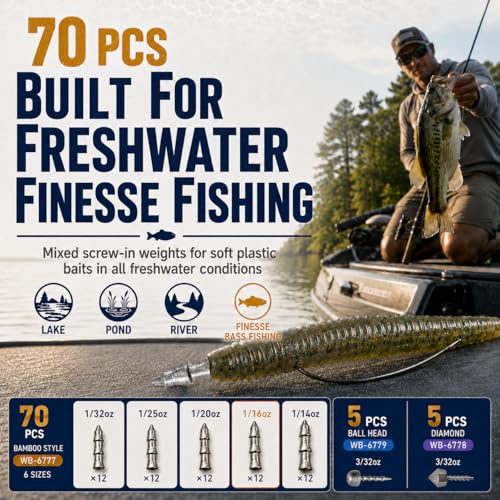 Screw-in Nail Weights for Bass Fishing, 50/70pcs Lead Insert Sinkers, Neko Rig Weights, Wacky Worm Weights, Soft Plastic Worm Weights for Stick Baits, Small Swimbaits, Finesse Lure Tuning Kit - size: 70Pcs-7 Size