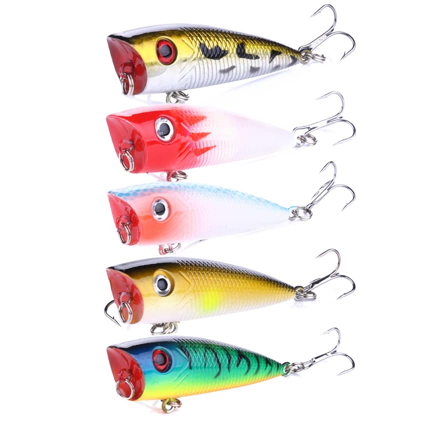 Popper Fishing Lures Topwater Fishing Baits Hard Baits 3D Eyes Swimbait Crankbait with Treble Hook for Bass Trout Freshwater Saltwater - color: 5pcs-2.36in/0.22oz