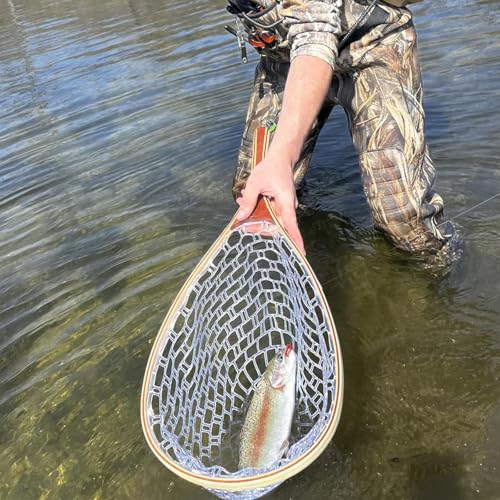 Wooden Frame Fly Fishing Landing Net with Soft Knotless Rubber Mesh, Fish Friendly Catch and Release Net for Trout Bass, Lightweight Wading Tool with Magnetic Release for Angler Gift