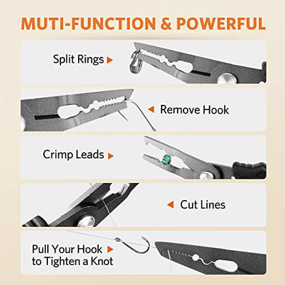 Saltwater Fishing Pliers, Split Ring Pliers for Fishing with Safety Lock, Fish Pliers with Sheath and Lanyard, Fishing Gifts for Men - color: F-black