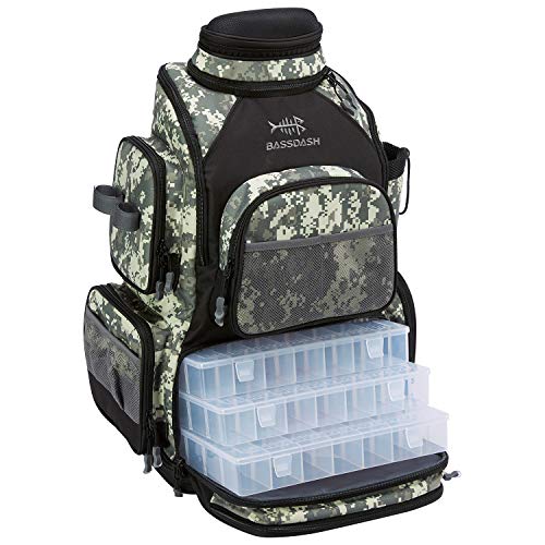 BASSDASH Fishing Tackle Backpack Water Resistant Tactical Bag Soft Tackle Box with Rod Holder and Protective Rain Cover - color: Jungle Camo Backpack [3670] With 4 Trays