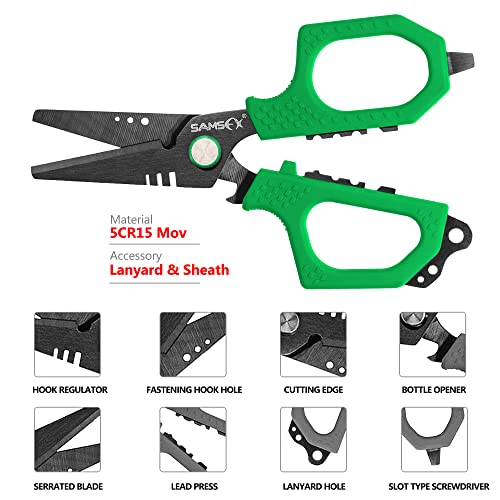 SAMSFX Fishing Braid Line Scissors Shears with Non-Slip Grip Handles (Green Handle) - color: A: Green Kraton Handle, Hard Sheath