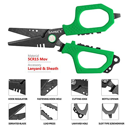 SAMSFX Fishing Braid Line Scissors Shears with Non-Slip Grip Handles (Green Handle) - color: A: Green Kraton Handle, Hard Sheath