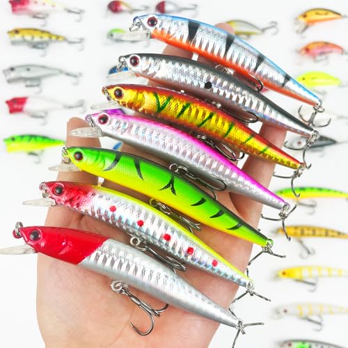 43Pcs Fishing Lures Kit Minnow Popper Walleye Fishing Lures Mixed Hard Crank Baits for Bass Fishing Walleye Salmon Freshwater Saltwater