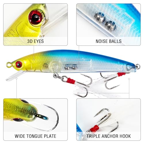 10Pcs Fishing Lures Minnow Bass Lure Jerkbait Topwater Hard Baits with Double Treble Hooks Flasher Feathers for Bass Trout Walleye Redfish Saltwater Freshwater 3.4in/0.3oz