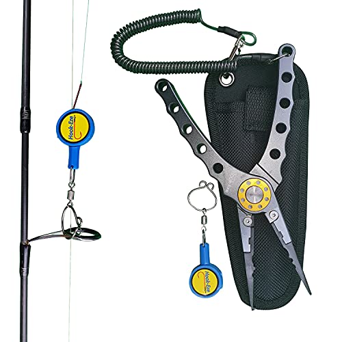HOOK-EZE Grey Aluminum Fishing Pliers and Standard Blue Knot Tying Tool - Hook Remover and Split Ring with Coiled Lanyard - Multifunctional Cutter and Tool - Saltwater Freshwater Fly Fishing