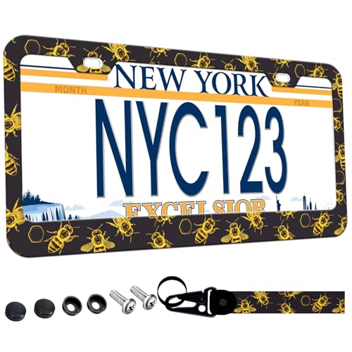 1-Pack Golden Honey Bee License Plate Frames for Women Man, 2 Holes Bumblebee Gold Aluminum License Plate Holder, Bee Themed License Plate Cover fits Vehicles with Keychain Wrist Lanyard - color: Golden Honey Bee, size: 1PCS