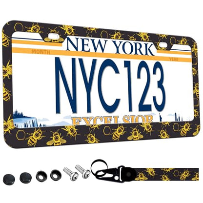 1-Pack Golden Honey Bee License Plate Frames for Women Man, 2 Holes Bumblebee Gold Aluminum License Plate Holder, Bee Themed License Plate Cover fits Vehicles with Keychain Wrist Lanyard - color: Golden Honey Bee, size: 1PCS