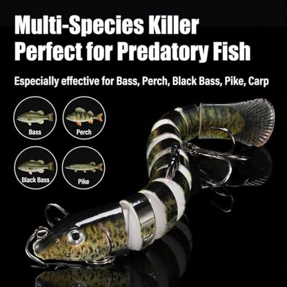 Multi-Species Killer Fishing Lures for Bass Trout Perch Pike Carp - Glow-in-the-Dark Multi Jointed Swimbaits with Bionic Texture, Water Movement Noise Attraction, Freshwater Lifelike Fishing Lures Kit