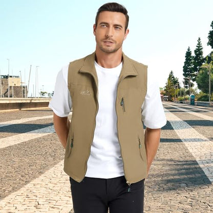 KIWI RATA Mens Casual Lightweight Outdoor Vest Summer Fishing Safari Travel Outerwear Vests Cargo Utility Jacket - color: Khaki, size: X-Large