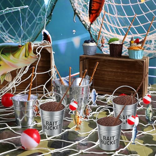Soulchen 24 Pcs Mini Fishing Birthday Party Decorations Include 12 Fish Cupcake Pole Picks 12 Mini Tackle Bait Bucket 12 Bobber for Gone Fishing Theme Supplies Ocean Party Cake Decor - style: Bait Bucket