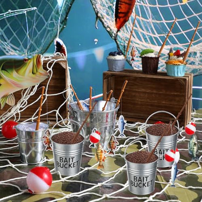 Soulchen 24 Pcs Mini Fishing Birthday Party Decorations Include 12 Fish Cupcake Pole Picks 12 Mini Tackle Bait Bucket 12 Bobber for Gone Fishing Theme Supplies Ocean Party Cake Decor - style: Bait Bucket