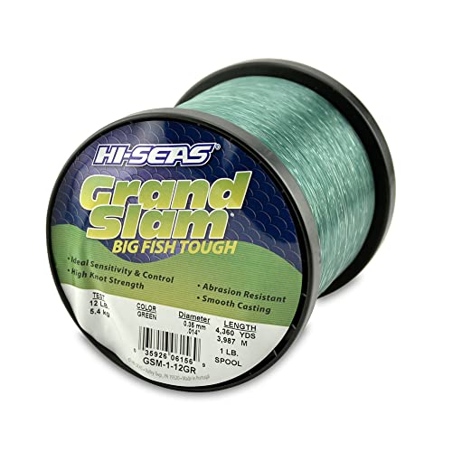 HI-SEAS Grand Slam Monofilament Fishing Line - Strong & Abrasion Resistant in Clear, Pink, Green, Smoke Blue, Fluorescent Yellow Freshwater & Saltwater - 1 lb Spool - color: Green, style: 12 Lb Test, 0.35 Mm Dia, 4360 Yd