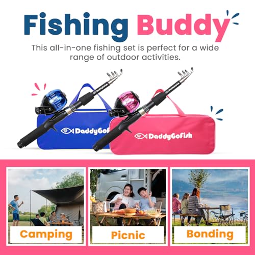 DaddyGoFish Kids Fishing Pole - Rod Reel Combo Tackle Box Starter Set - First Year Small Dock Gear Kit for Boys Girls Toddler Youth Age Beginner Little Children Junior Anglers Older Kids - color: 2 Pack- Blue + Pink