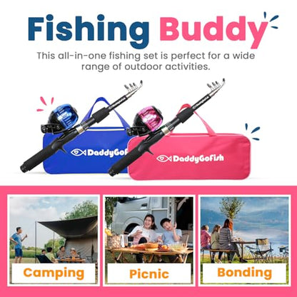 DaddyGoFish Kids Fishing Pole - Rod Reel Combo Tackle Box Starter Set - First Year Small Dock Gear Kit for Boys Girls Toddler Youth Age Beginner Little Children Junior Anglers Older Kids - color: 2 Pack- Blue + Pink