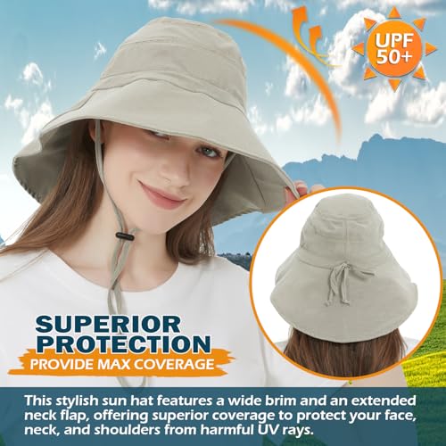 Women's Cotton Sun Hat with Neck Flap, UV Protection Wide Brim Outdoor Hat | Adjustable Fit, Moisture-Wicking & Breathable, Packable & Lightweight for Fishing Hiking Gardening Beach Safari - color: Khaki