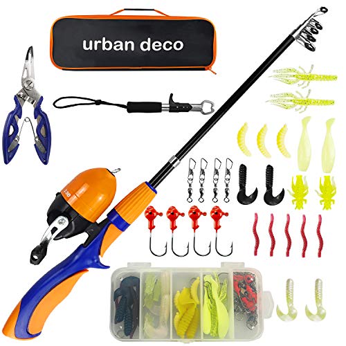 Urban Deco Kids Fishing Pole Set Portable Telescopic Kids Fishing Rod and Reel Combo Kit with Tackle Box for Beginners, Boys,Girls,Youth,Children - color: orange