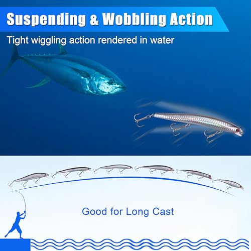 Saltwater Fishing Lures Kit, Jerkbait Striped Bass Lures Surf Fishing Striper Lures Deep Diving Jerkbait Popper Plugs Hard Minnow Lures Baits for Inshore Offshore Ocean Deep Sea Fishing