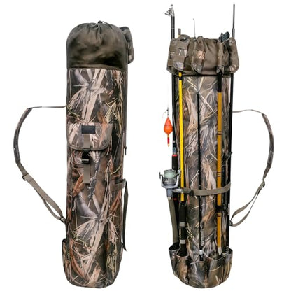 DONQL Fishing Rod Bags, Outdoor Fishing Pole Holders Reel Case, Multifunction Camping Portable Travel Carry Case Backpack Fish Rod Reel Bag, Holds 5 Poles & Fishing Tackles, Fishing Gear for Men - color: Camouflage