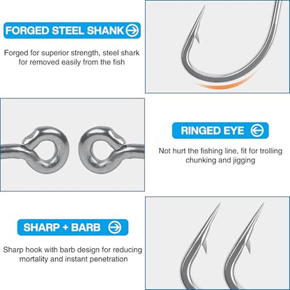 Saltwater Fishing Hooks,50PCS Stainless Steel Live Bait Forged Short Shank Hooks O'shaughnessy in-line Circle Hooks Jig Catfish Hook Size 1# - 5/0 - size: 1# - 50 Pack