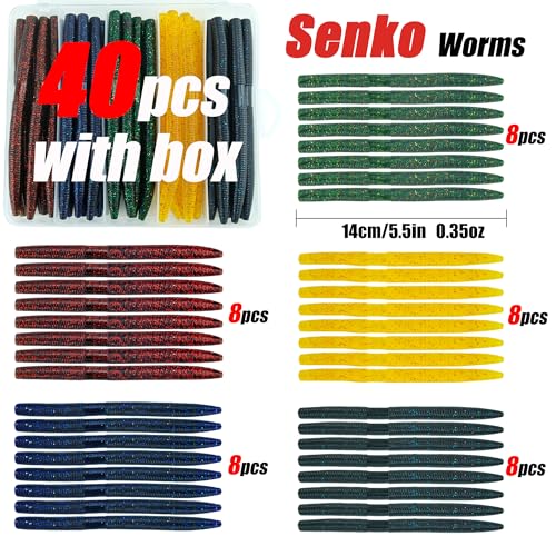 40PCS Senko-Style Stick Baits with Box - Senko Worms for Bass Fishing | 5.5" Wacky Rig Ready Lures
