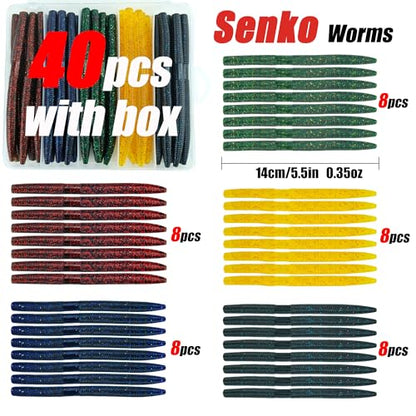 40PCS Senko-Style Stick Baits with Box - Senko Worms for Bass Fishing | 5.5" Wacky Rig Ready Lures