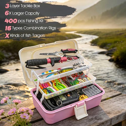 THKFISH 400PCS Fishing Lures Accessories Kit with Large 3-Layer Tackle Box Complete Freshwater Bass Fishing Gear Tools Set with Pliers, Fish Scale, Spinner bait, Hooks, Weights Sinkers, Gift for Women - color: Pink