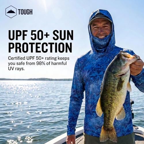 Tough Outfitters Hooded Fishing Shirt UPF 50+ Realtree Camo Sun Hoodie for Men Women – Long Sleeve UV Protection Lightweight - color: Navy Blue, size: Large