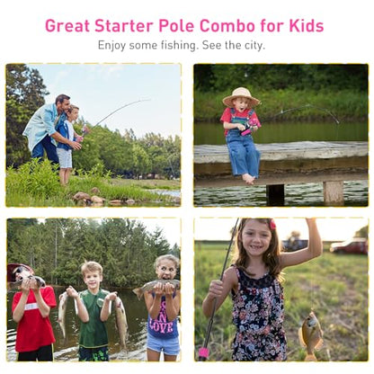 Kids Fishing Pole Kit, 59'' Telescopic Rod and Reel Beginner Combo with Spincast Reel,Tackle Box, Carrier Bag,Fishing Gear for Boys,Girls, Toddler,Youth - color: Pink