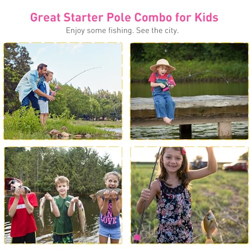 Kids Fishing Pole Kit, 59'' Telescopic Rod and Reel Beginner Combo with Spincast Reel,Tackle Box, Carrier Bag,Fishing Gear for Boys,Girls, Toddler,Youth - color: Pink